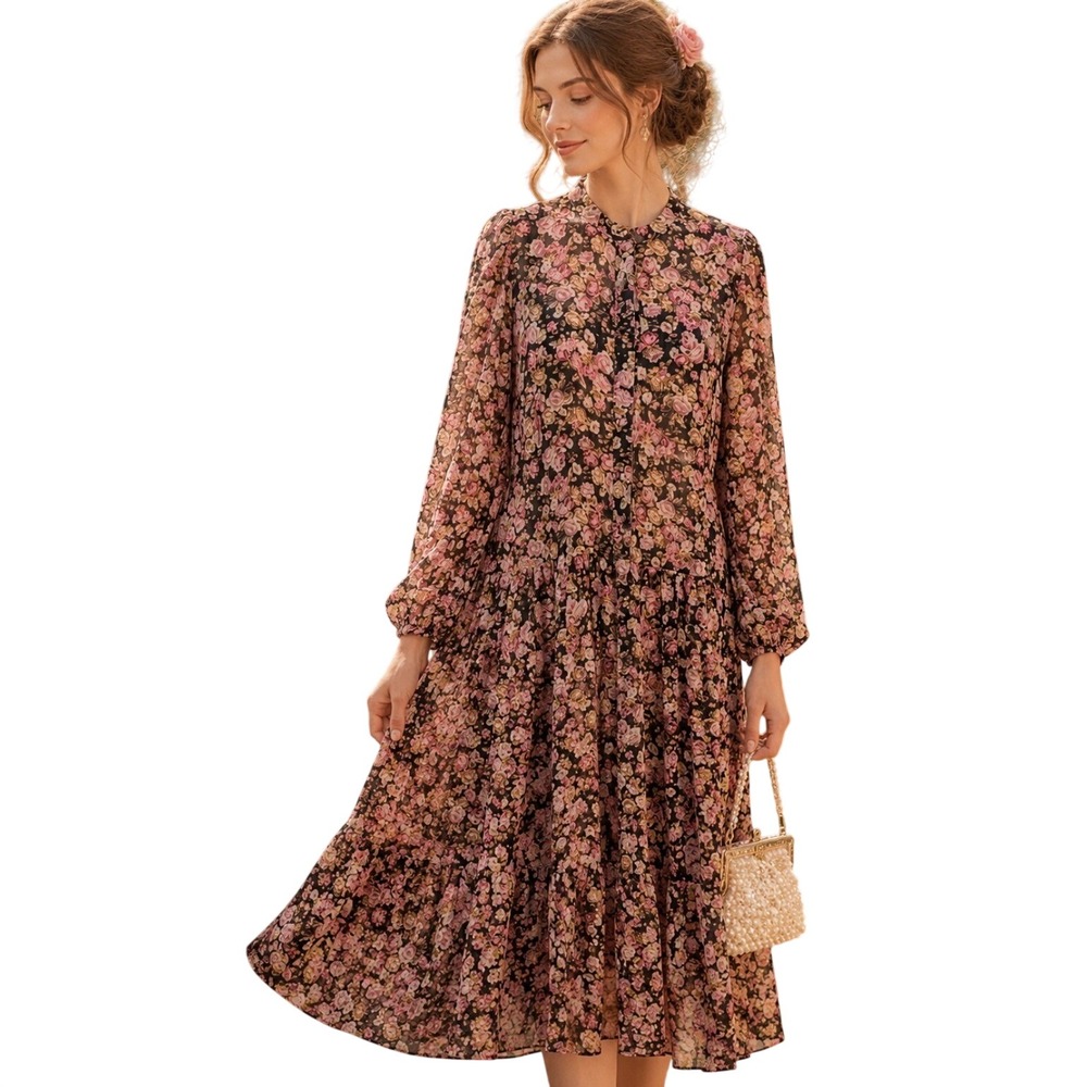 H&M Floral Long Sleeve Maxi Dress Ruffled Cottagecore Fairy Romantic M